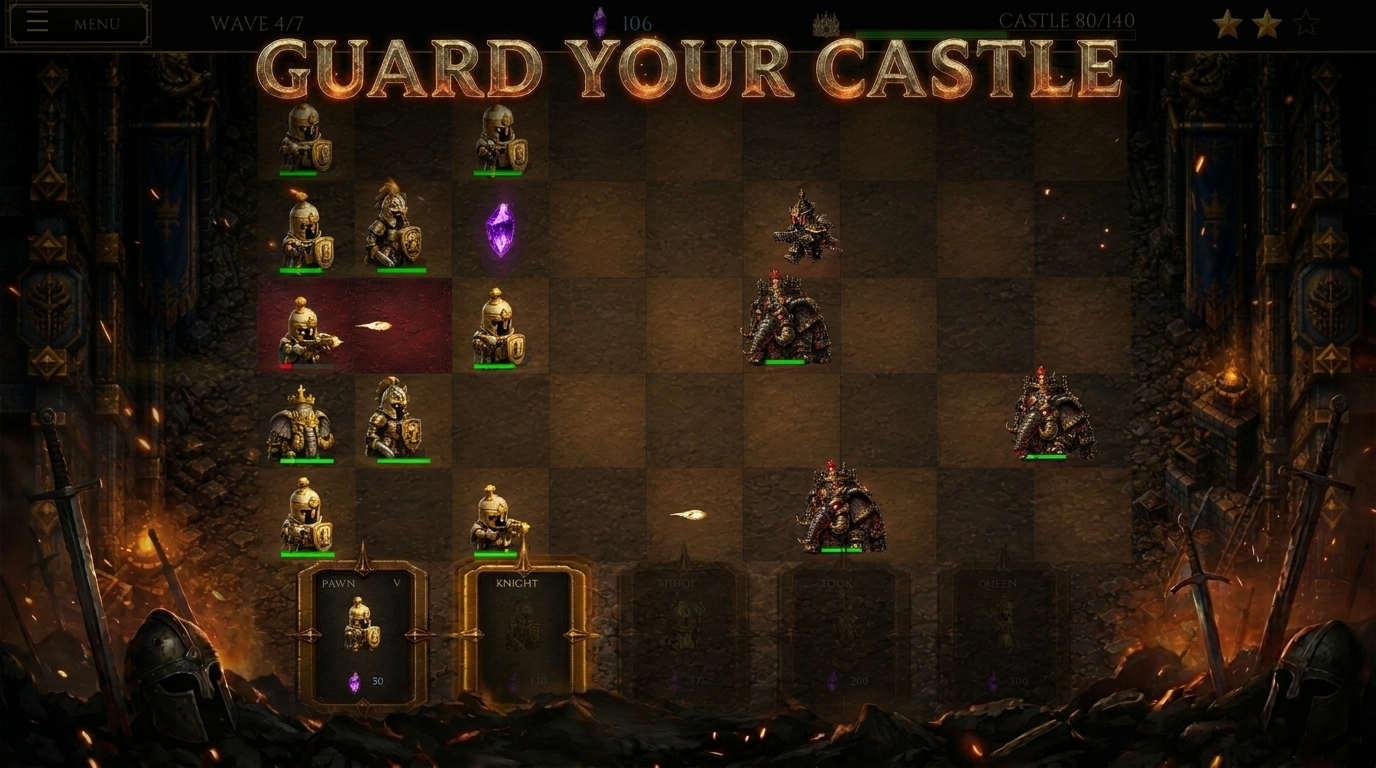 Chess Siege gameplay board with castle defense wave